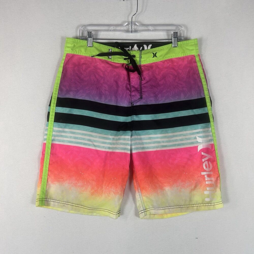 Hurley Swim Trunks Mens Size 34 Colorfull Neon Stripes Logo Casual Drawstring